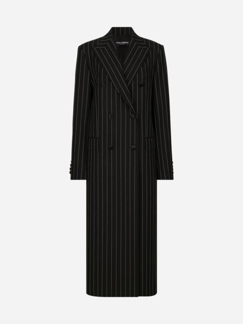 Pinstripe double-breasted coat in woolen fabric