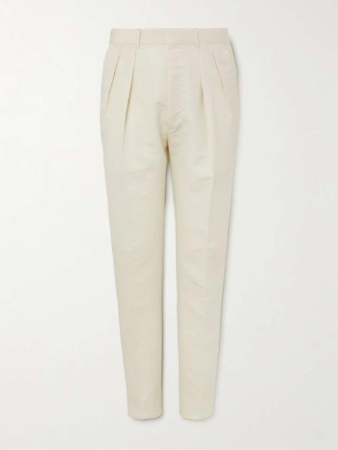 Tapered Pleated Cotton and Silk-Blend Suit Trousers