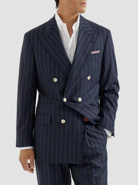 Brunello Cucinelli Men's Virgin Wool Wide Chalk Stripe Batavia One and A Half Breasted Tailor Blazer - Blue