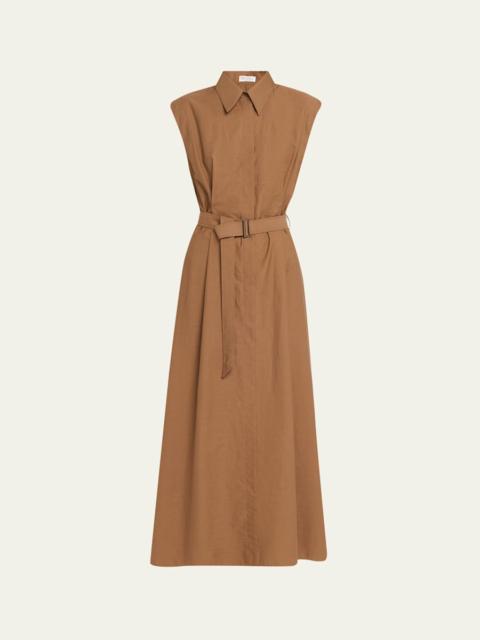 Brunello Cucinelli Crispy Diagonal Cotton Belted Midi Shirtdress
