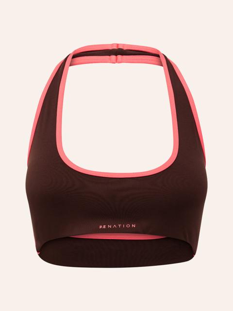 P.E NATION RADAR HALTER SPORTS BRA IN MAHOGANY & DIVA PINK