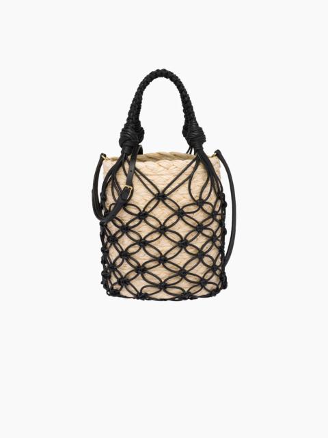 Leather mesh and straw bucket bag
