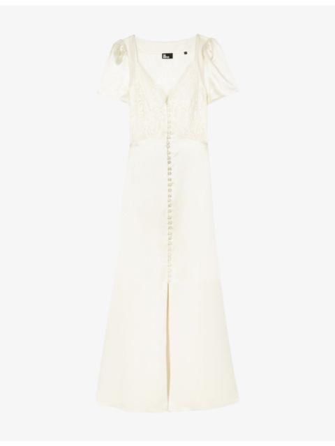 The Kooples Lace-Embroidered Puff-Sleeve Silk Maxi Dress