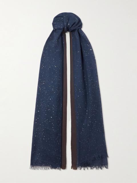 Brunello Cucinelli Sequined cashmere and silk-blend scarf Navy