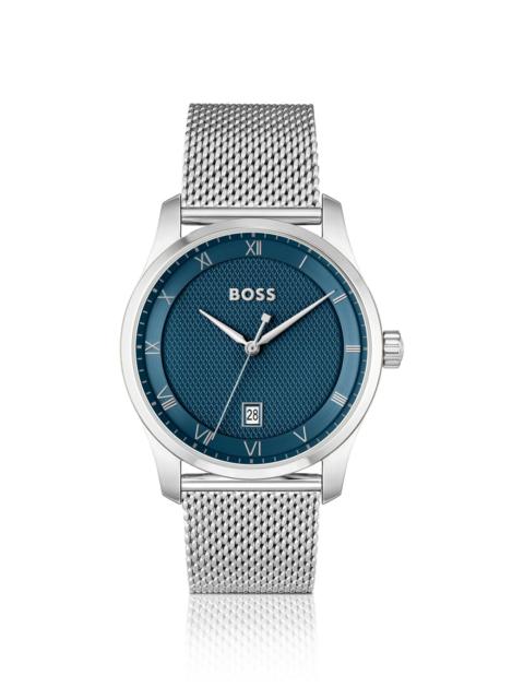 BOSS PRINCIPLE MESH-BRACELET WATCH WITH BLUE PATTERNED DIAL