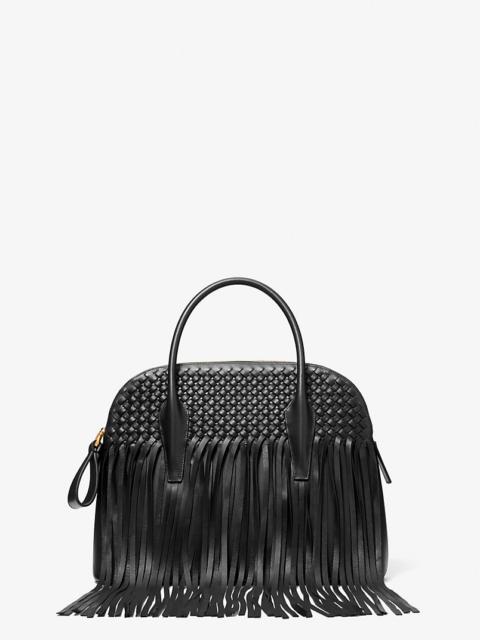 MICHAEL KORS COLLECTION Kaitlin Large Fringed Woven Leather Dome Satchel