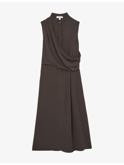 REISS Gracie Asymmetric-Drape Woven Midi Dress