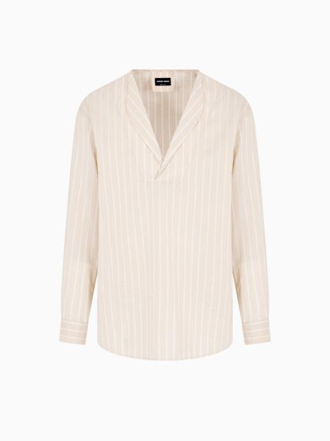GIORGIO ARMANI PINSTRIPED COTTON, SILK AND VISCOSE POLO SHIRT