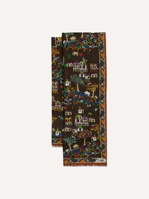 Drake's Brown Antique Village Print Wool Silk Scarf