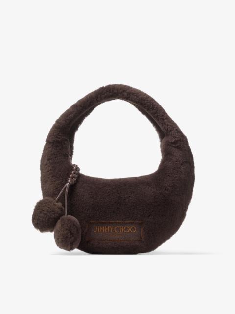 JIMMY CHOO Winter Hobo Chocolate Shearling Hobo Bag with Pom-Poms