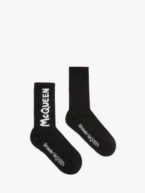 Men's McQueen Graffiti Socks in Black/ivory