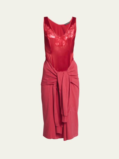 BALENCIAGA Hybrid Lace Tie-Waist Slip Midi Dress