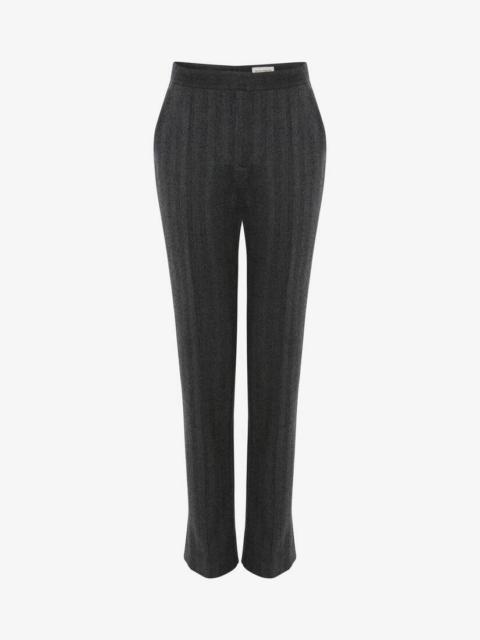Alexander McQueen Herringbone Long Cigarette Trouser in Mid Grey Melange