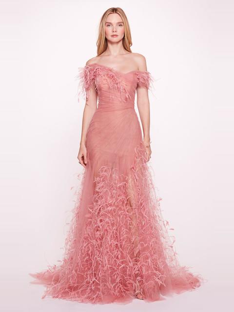 Feather-Embroidered Off-The-Shoulder Gown pink