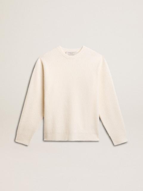 Men's crew-neck sweater in worn white ribbed wool