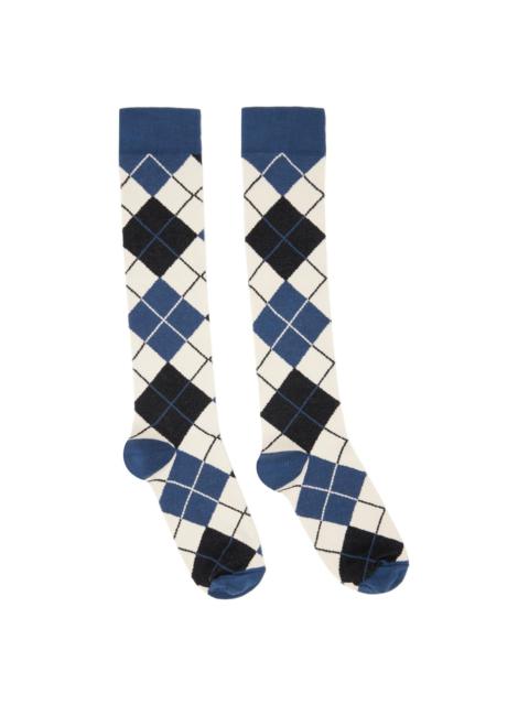 ANNA SUI Navy & Off-White Argyle Knee High Socks