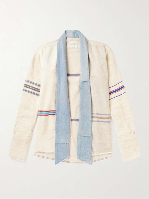 Greg Lauren Shawl-Collar Denim-Trimmed Striped Hemp Overshirt