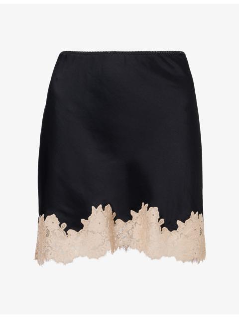 RIXO Ariah Lace-Trim Satin Mini Skirt