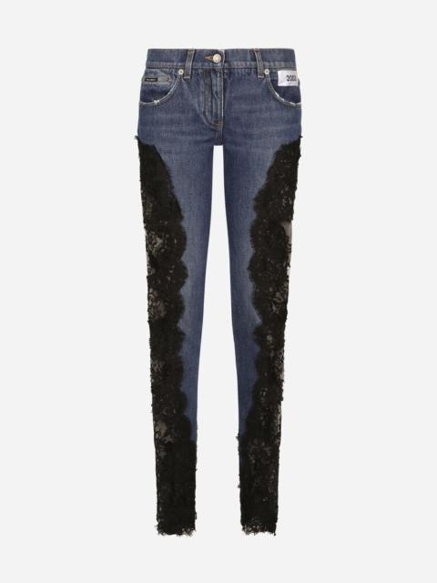 Denim jeans with lace inlay