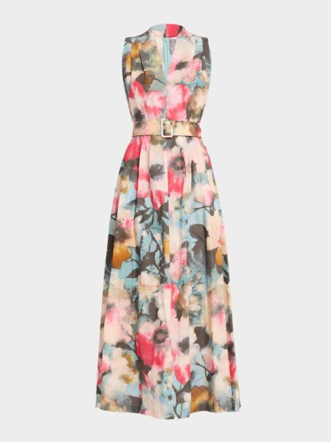 LELA ROSE Floral-Print Cotton Sleeveless Midi Dress With Belt