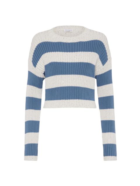 Brunello Cucinelli Women's Striped Dazzling Cropped Sweater - Light Denim
