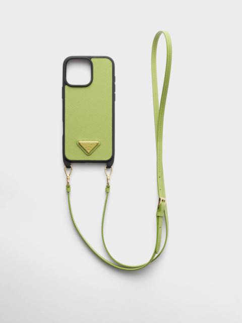 Prada Saffiano leather case for iPhone 16 Pro Max with shoulder strap
