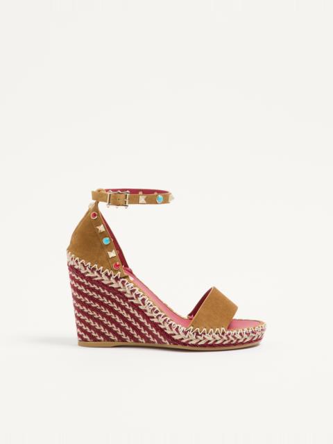 Valentino ROCKSTUD DOUBLE WEDGE SANDAL IN SPLIT LEATHER WITH CABOCHON STONES 105MM