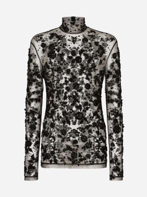 Dolce & Gabbana High-necked tulle T-shirt with sequined details
