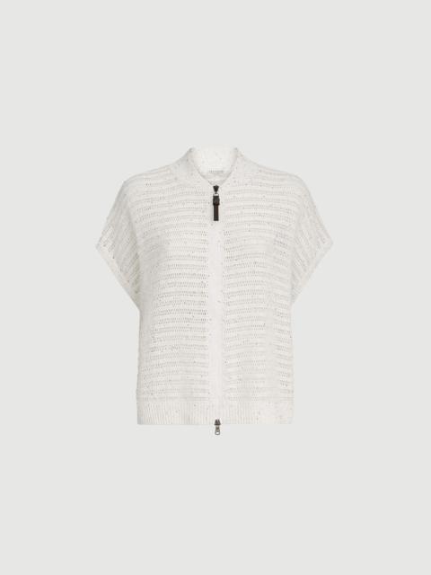 Brunello Cucinelli Linen diamond yarn cardigan with openwork stripes and shiny zipper pull