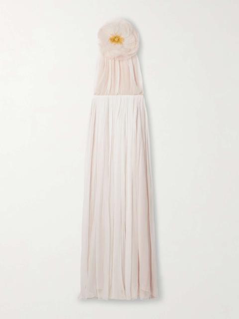Embellished organza-trimmed silk-crepon halterneck gown
