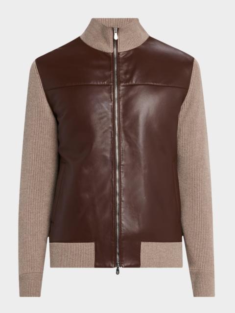 Brunello Cucinelli Men's Leather and Cashmere Knit Full-Zip Jacket