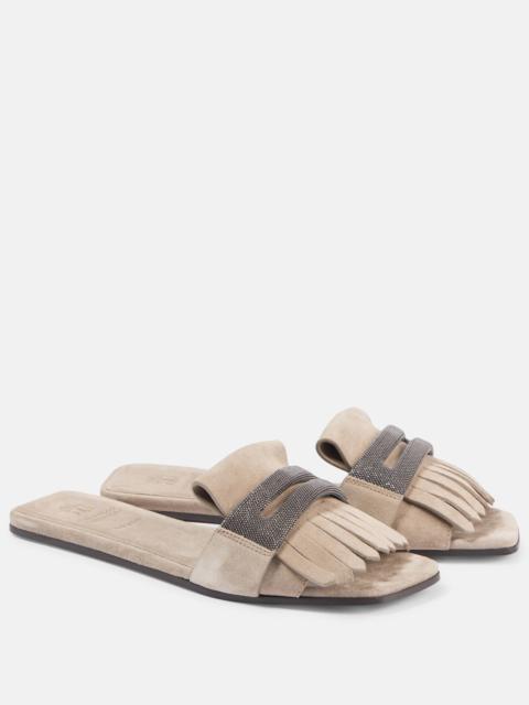 Brunello Cucinelli Fringed suede slippers
