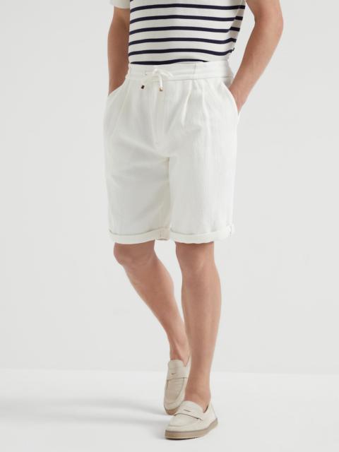 Brunello Cucinelli Cotton and linen chevron Bermuda shorts with drawstring and double pleats