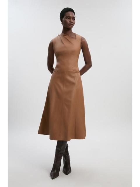 KAREN MILLEN Leather Asymmetric Neck Full Skirt Midi Dress