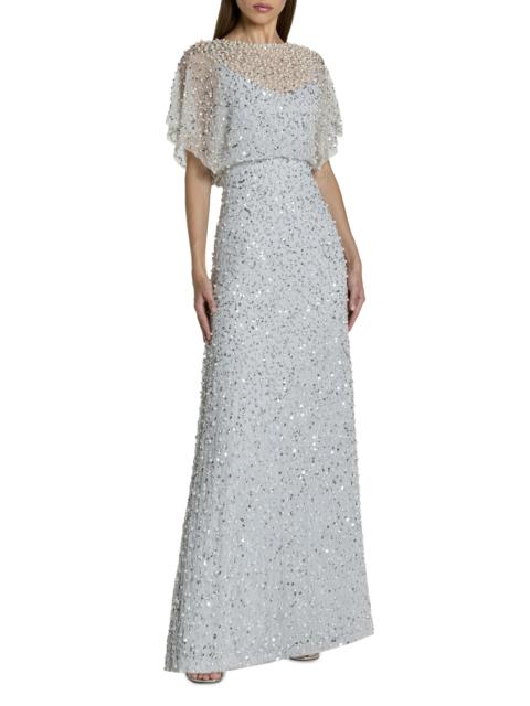 MAC DUGGAL Women's Beaded Sequin Shawl Gown - Powder Blue