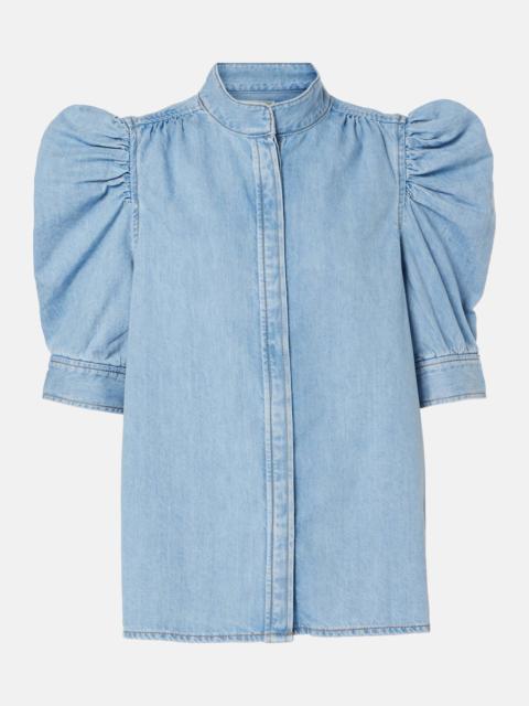 Puff-sleeve denim blouse