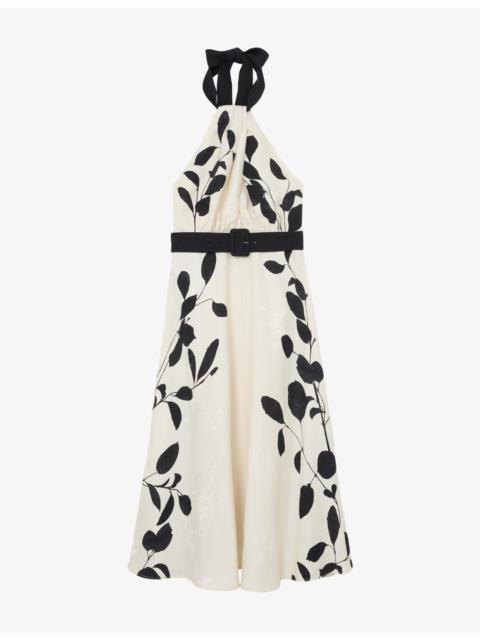 REISS Libby Leaf-Print Woven Midi Dress