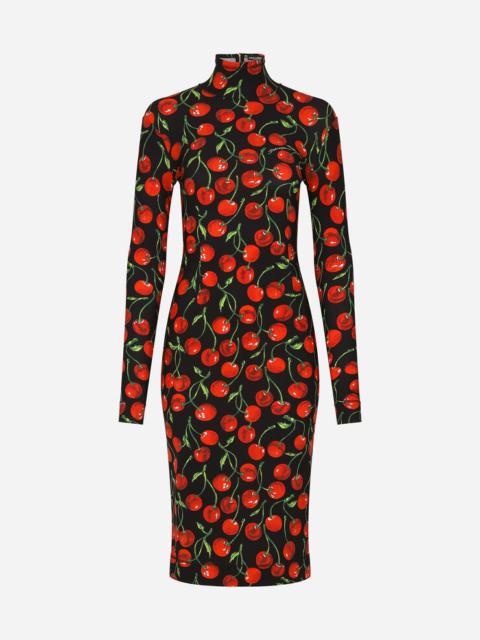 Long-sleeved jersey midi dress with cherry print
