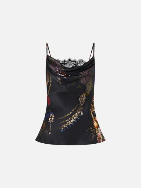 CAMILLA COWL NECK CAMI WITH LACE NIGHT GARDEN