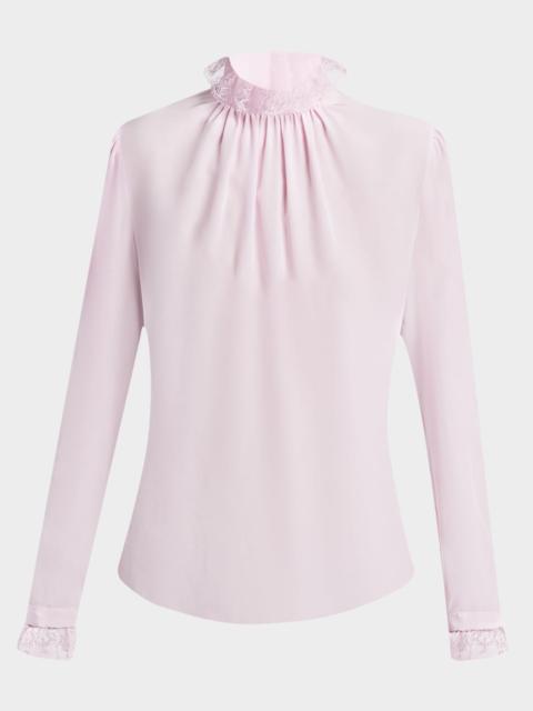 Alexander McQueen Lace Ruffle-Neck Long-Sleeve Silk Top