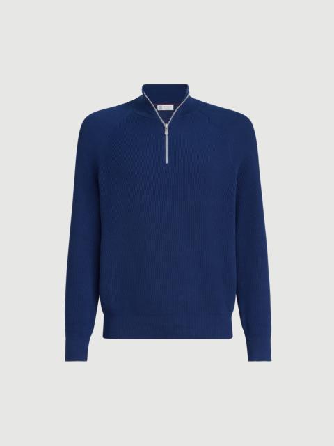 Brunello Cucinelli Cotton English rib sweater with half zip and raglan sleeves
