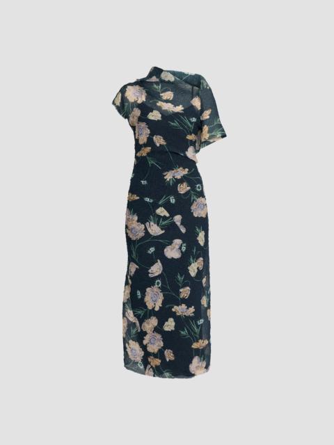 Erdem FLORAL ORGANZA CLOQUE ASYMMETRIC MIDI DRESS