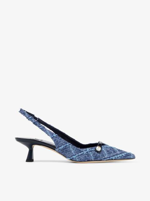 JIMMY CHOO Amita 45 Marine Crosshatch Denim and Patent Leather Slingbacks