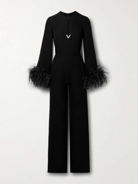 Valentino Cutout embellished feather-trimmed silk jumpsuit