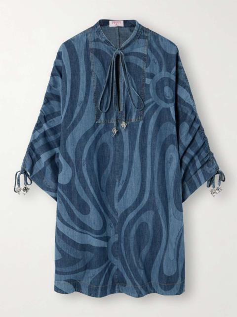 PUCCI Embellished ruched printed denim coverup