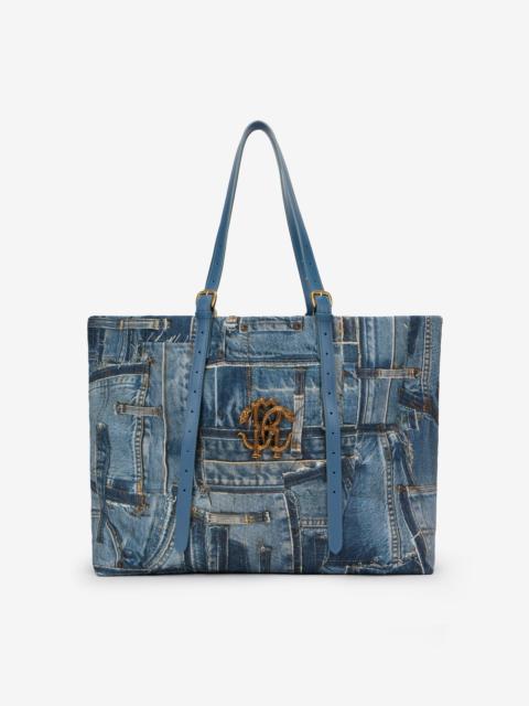 Roberto Cavalli Denim Patchwork Print Shopping Bag