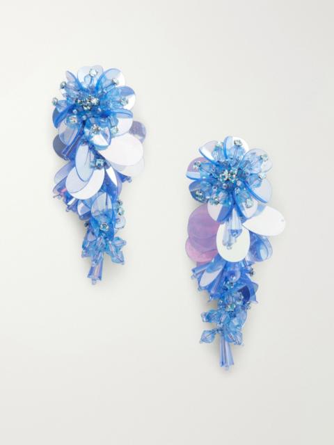 Oscar de la Renta Bouquet tasseled beaded gold-tone crystal clip earrings Blue
