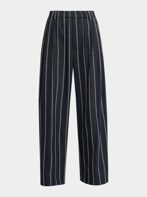 Brunello Cucinelli Double Pinstripe Cotton Wide-Leg Pull-On Pants