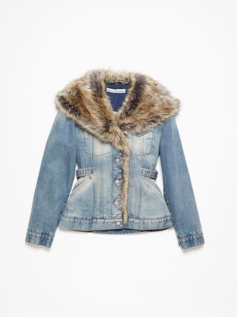Furry trim denim jacket - Mid Blue
