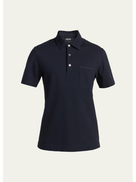 ZEGNA Men's Pique Polo Shirt with Leather-Trim Pocket